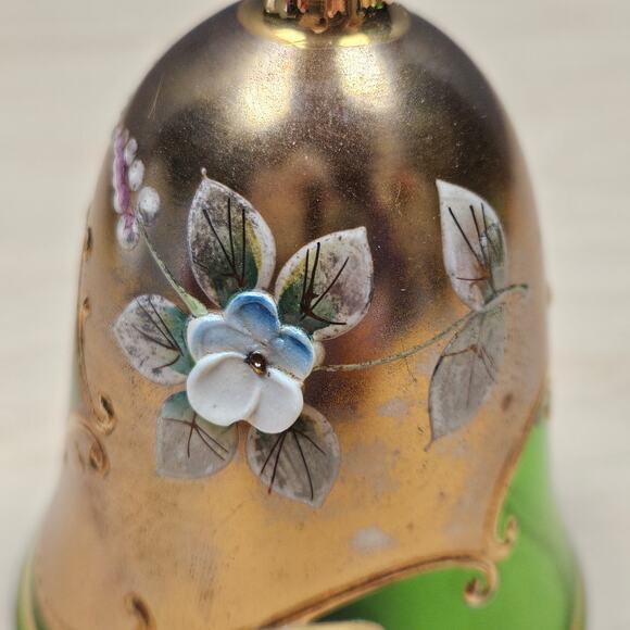 Czechoslovakian Hand Painted Bohemian Glass Bell Green Gold Enameled Flower READ - Picture 4 of 8